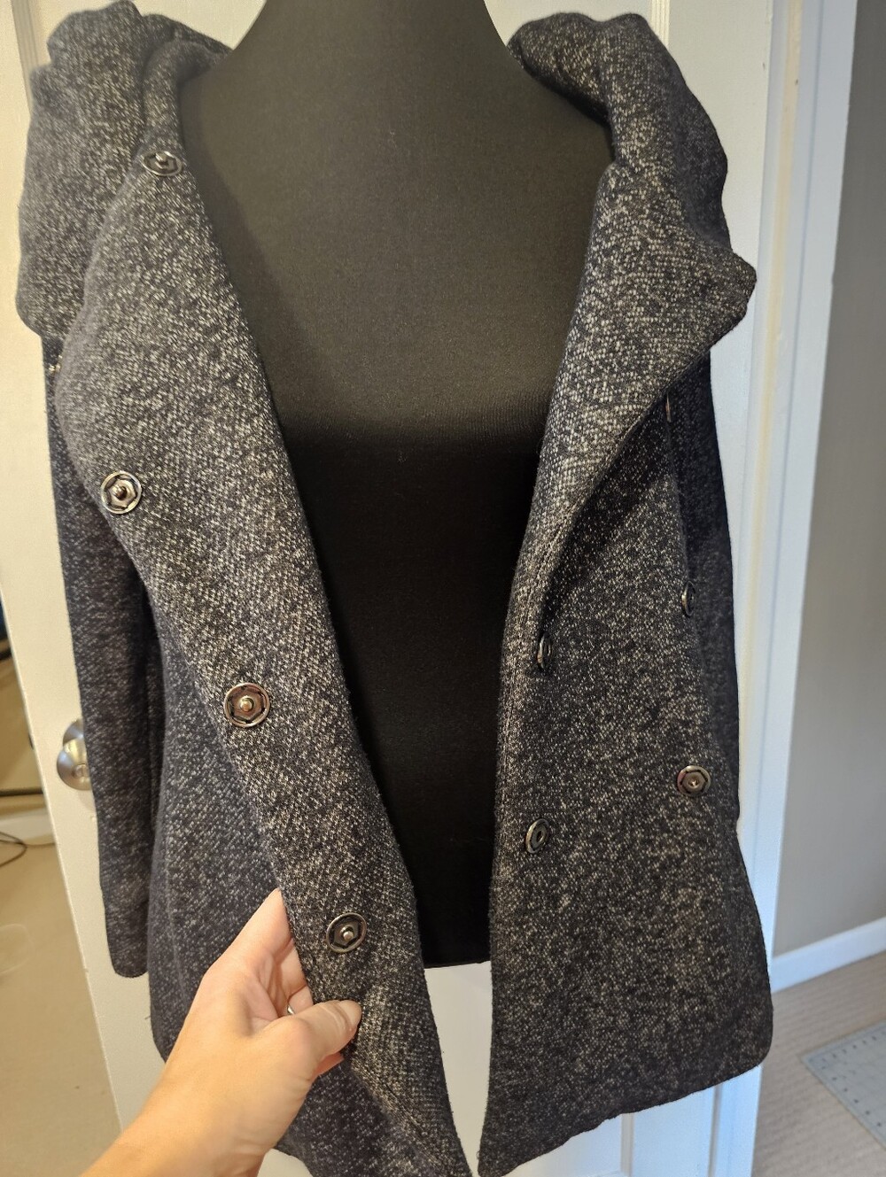 Women’s Black Heathered Double-Breasted Hooded Coat - Picture 6 of 10